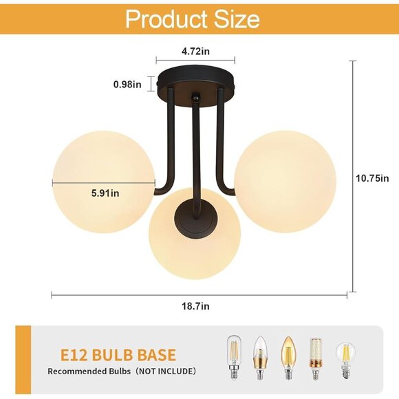 3-Light Black Sputnik Chandelier with Globe Glass Shades - Picture 2 of 5